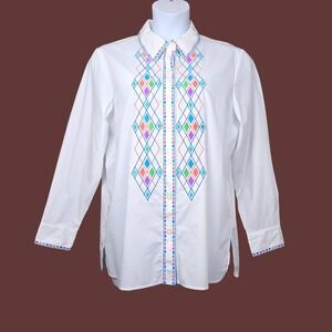 Bob Mackie Wearable Art Womens Embroidered Argyle Button Down Shirt Size L NWT